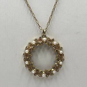 Catherine Popesco‎ France Gold Tone Circle Wreath Pearl Crystal Pendant Necklace